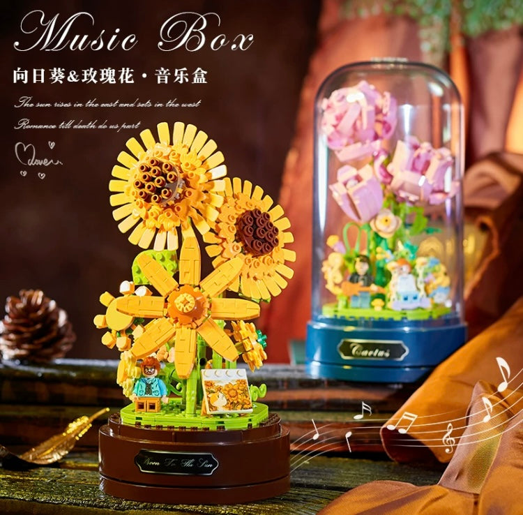 Mini Block Building Romantic Flower Music Box | SunFlower Rose - with