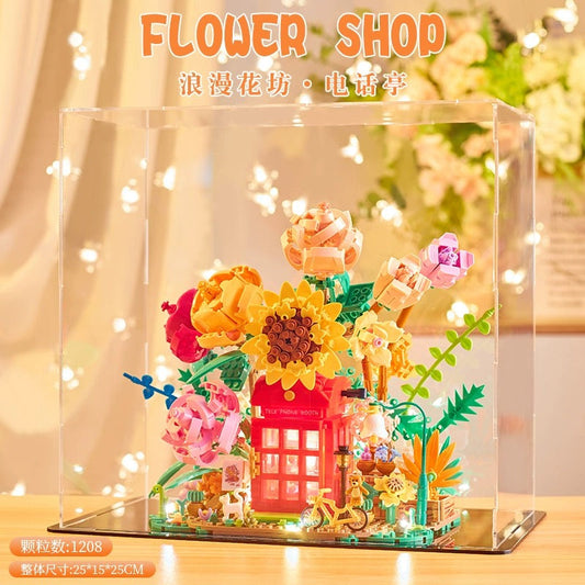 Mini Block Building Romantic Flower | Flower Telephone Booth - with LED Lights DIY Valentine Handmade Gift KawaiiGiftLand