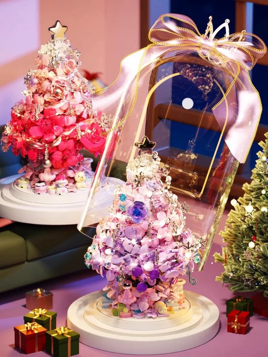 Mini Block Building Block Flower Christmas Tree with Cover | Pink Purple - with LED Lights Valentine Gift DIY Handmade Xmas Gift
