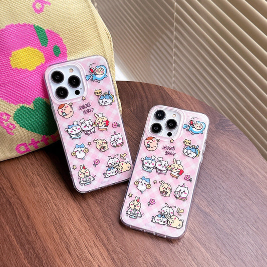 Japanese Cartoon ChiiKawa Nice Day with Pink Checked iPhone Case 11 12 13 14 15 Pro Promax KawaiiGiftLand