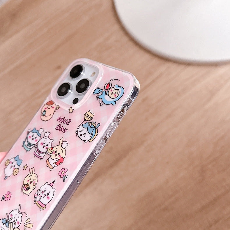 Japanese Cartoon ChiiKawa Nice Day with Pink Checked iPhone Case 11 12 13 14 15 Pro Promax KawaiiGiftLand
