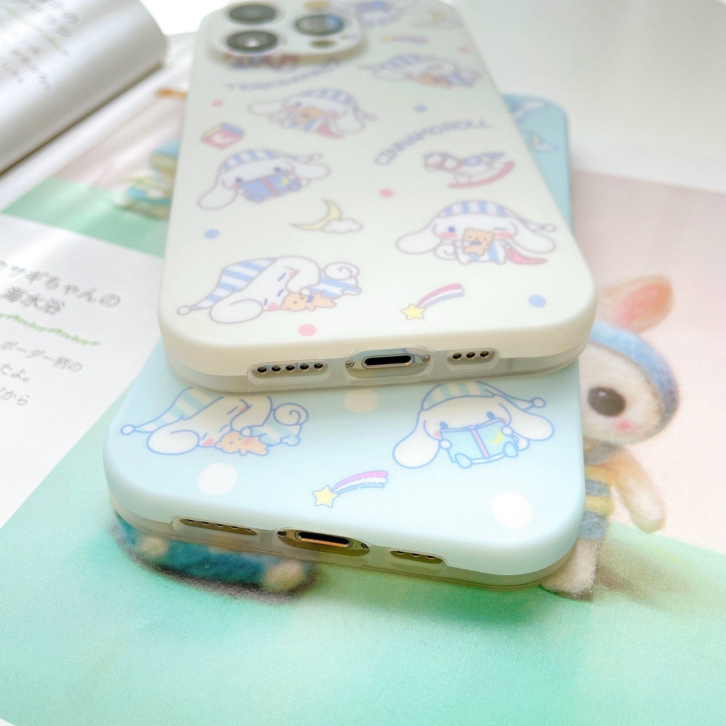 Japanese Cartoon Cinnamoroll Pajamas Matt White Blue iPhone Case 12 13 14 15 Pro Promax KawaiiGiftLand