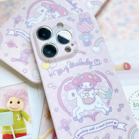 Japanese Cartoon My Melody with White Horse Pastel Matt iPhone Case 11 12 13 14 Pro Promax KawaiiGiftLand