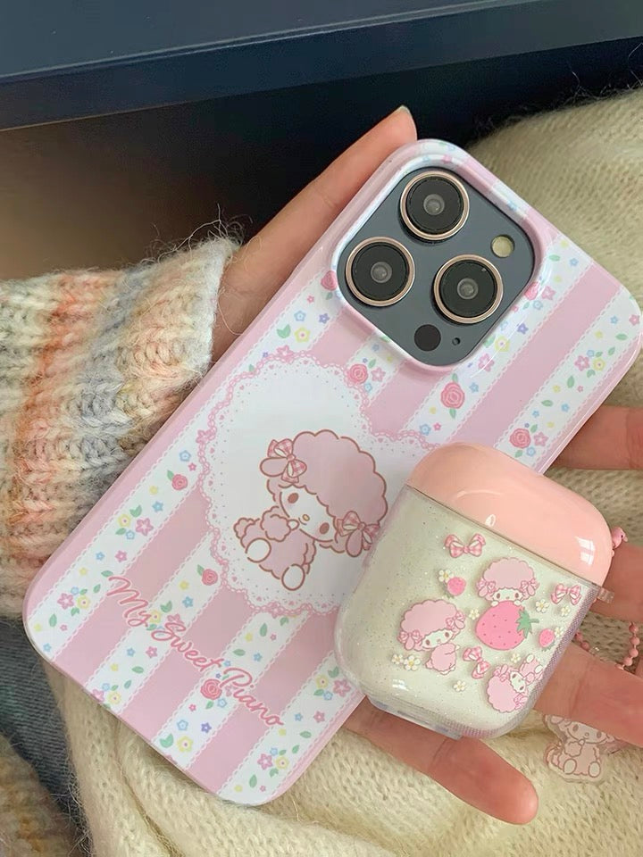 Japanese Cartoon Piano with Strawberry AirPods AirPodsPro AirPods3 AirPodsPro2 AirPods4 Case White and Pink KawaiiGiftLand