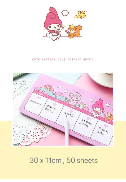 Sanrio Japan Cute Cartoon Long Memo Pad | Hello Kitty My Melody Kuromi Cinnamoroll Pompompurin Pochacco - 50Sheets KawaiiGiftLand