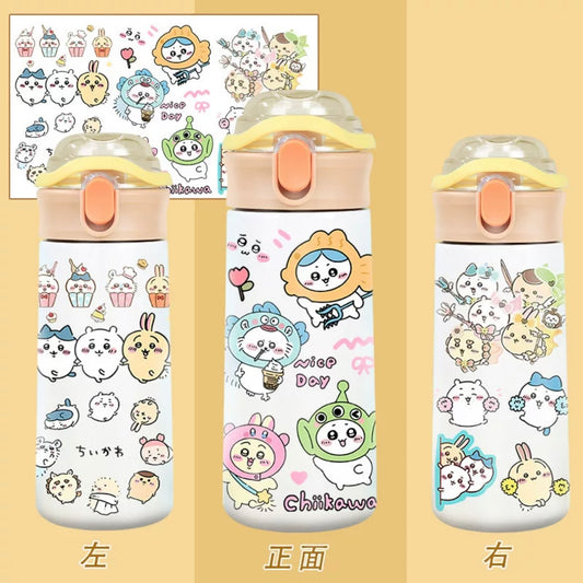 Japanese Cartoon ChiiKawa Tumbler | Anime Cosplay ChiiKawa Hachiware Usagi Shoulder Water Bottle with Straw and Strap - 316 Stainless Steel Lovely Cup