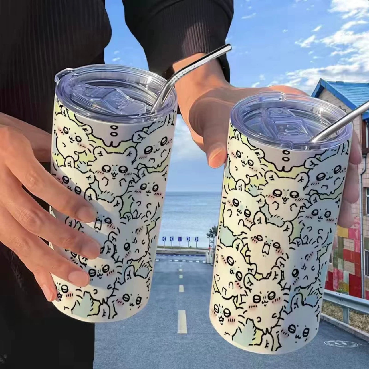 Japanese Cartoon ChiiKawa Tumbler with Straw | Full Sceen ChiiKawa Hachiware Momonga Rakko - Warm Cool Lovely Coffee Cup KawaiiGiftLand