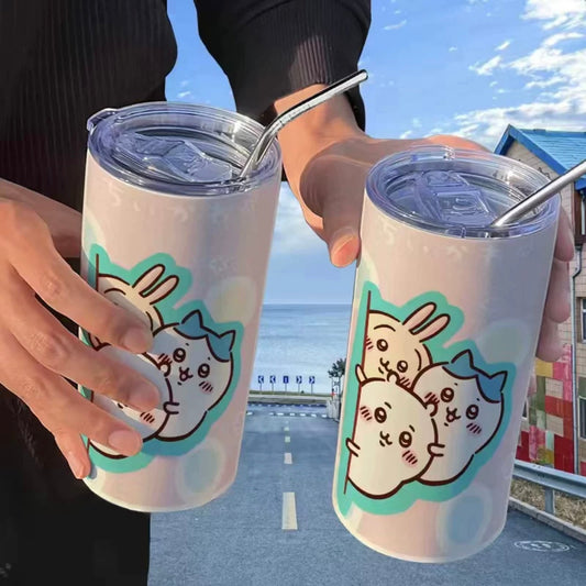 Japanese Cartoon ChiiKawa Tumbler with Straw | ChiiKawa Hachiware Usagi Fun - Warm Cool Lovely Coffee Cup KawaiiGiftLand