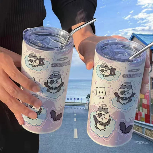 Japanese Cartoon ChiiKawa Tumbler with Straw | ChiiKawa Hachiware Usagi Angel Devil - Warm Cool Lovely Coffee Cup KawaiiGiftLand