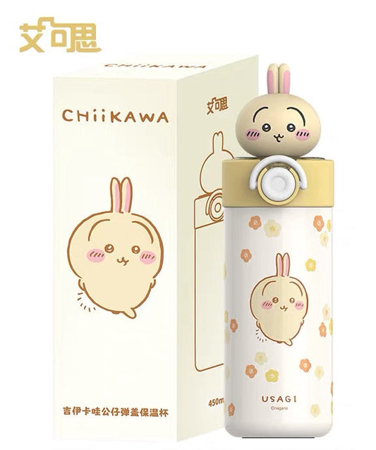 X&W X ChiiKawa | ChiiKawa Hachiware Usagi 450ml Thermal Flask with Straw and Spring Cap - 316 Stainless Steel Water Bottle
