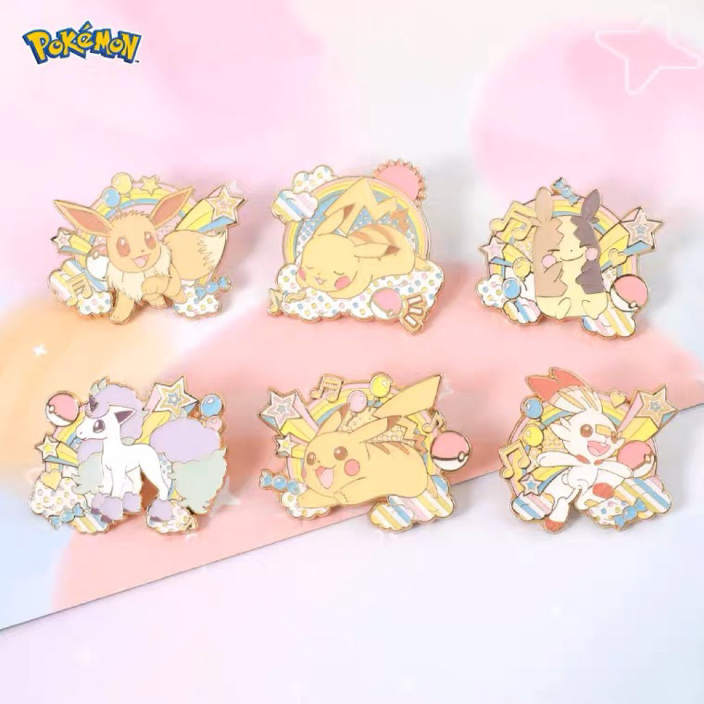 Pokemon Pastel Rainbow Metal Pins - Pikachu Eevee Scorbunny Ponyta Morpeko KawaiiGiftLand