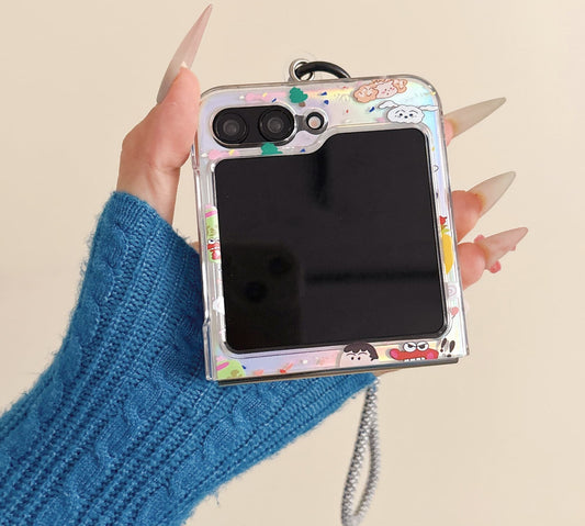 Japan Anime Case Shinchan Crayon Full Screen with Phone Handle | Laser Shinchan Shiro & Cartoon Friends - Phone Case Samsung Galaxy Z Flip 3 4 5 6