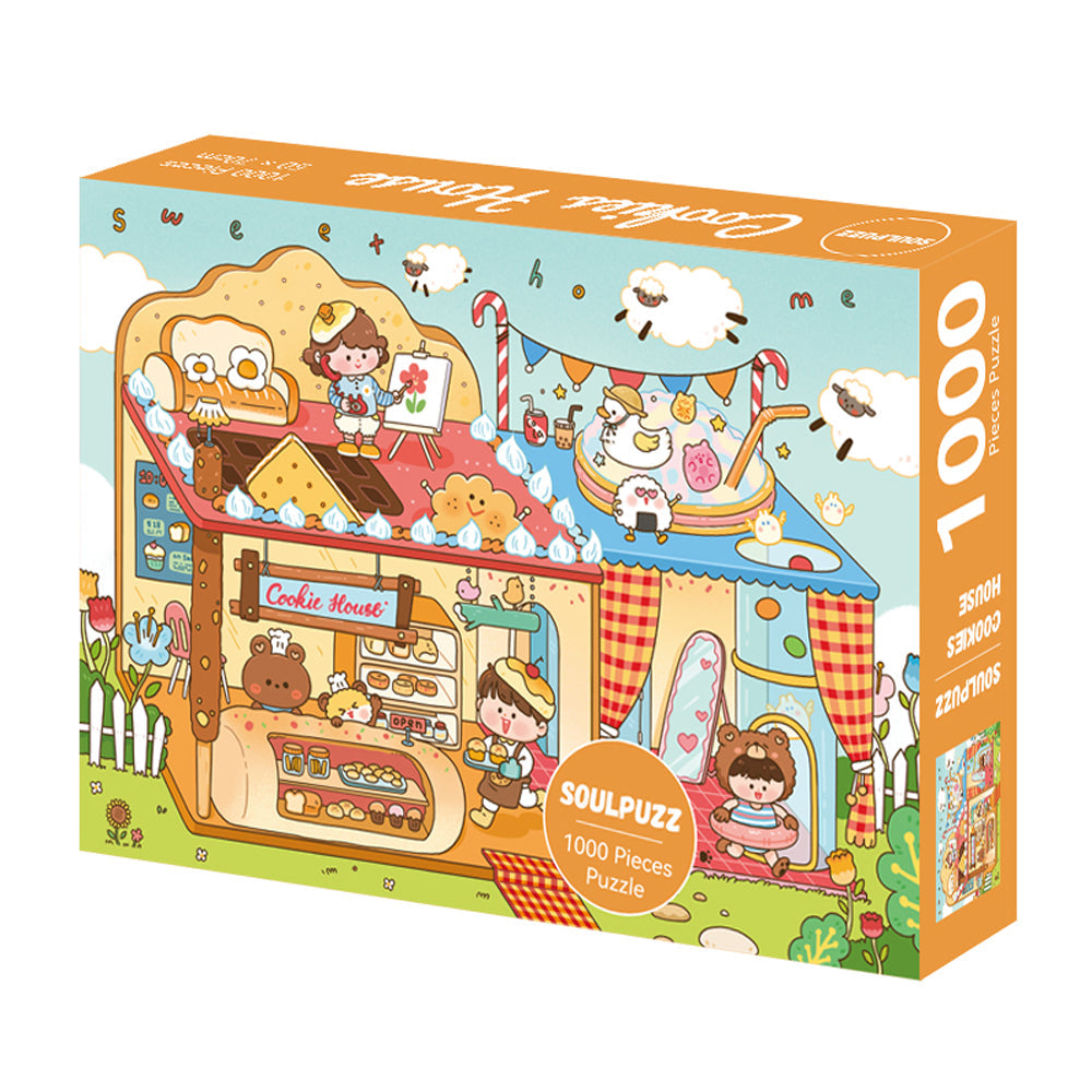 SOULPUZZ 1000 Pieces Puzzle | Cookie House - Cute Boy and Girl with Bear Barkey Puzzle Difficulty Decompression Couples Trendy Gifts Home Decoration KawaiiGiftLand