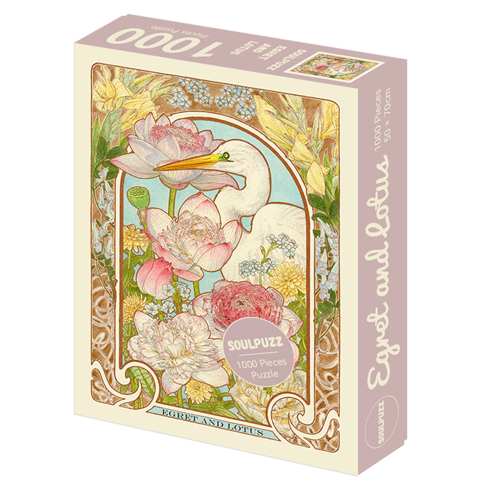 SOULPUZZ 1000 Pieces Puzzle | Egret and Lotus - Bird and Flowers Shinning Puzzle Difficulty Decompression Couples Trendy Gifts Home Decoration