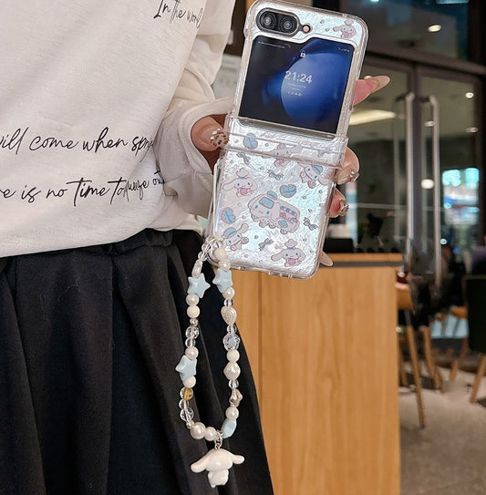 Cute Cartoon Case with Phone Strap | Full of Cinnamoroll Laser Bus Cafe & Sticker - Phone Case Samsung Galaxy Z Flip 3 4 5 6