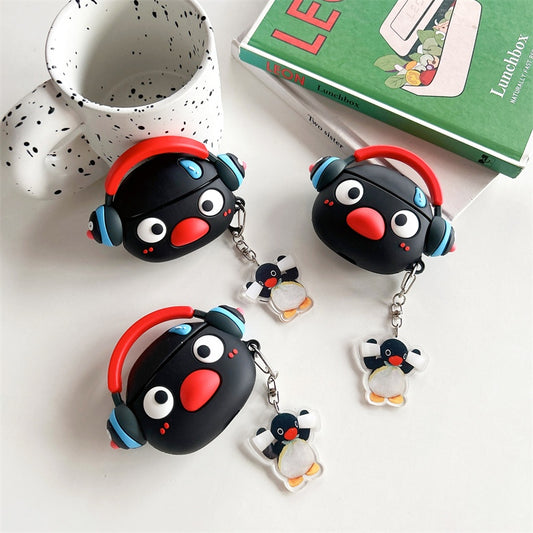 Japanese Cartoon Cute Black Penguin | Penguin with Headphone - with Charm AirPods AirPodsPro AirPods3 AirPods4 Case