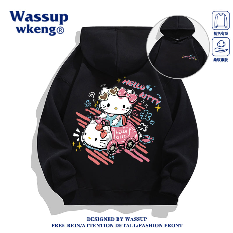 Japanese Cartoon Hello Kitty Casual Style Hoodie Series | Hello Kitty in Kitty Car Front & Back - Kawaii Fashion Items