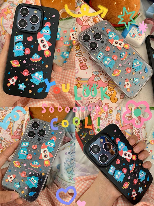 Japanese Cartoon Hangyodon in Space UFO Black and Glitter Soft Case iPhone Case 12 13 14 15 Pro Promax Plus KawaiiGiftLand