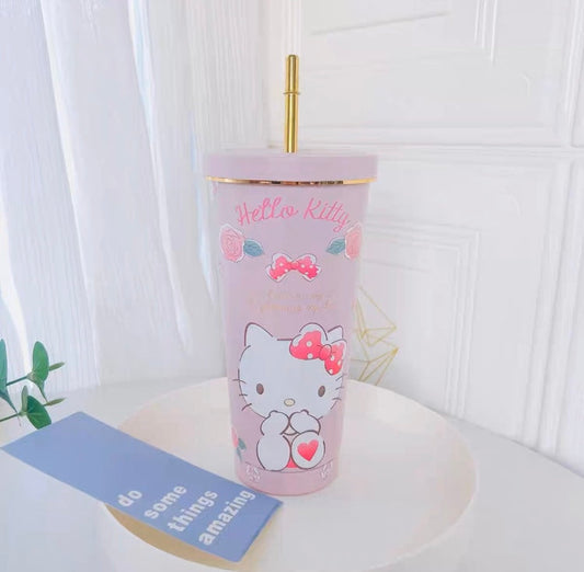 Japanese Cartoon Tumbler with Straw Warm Cool Lovely Cup Hello Kitty My Melody Kuromi Pompompurin Pochacco Hangyodon Cinnamoroll - with cleaning tool KawaiiGiftLand