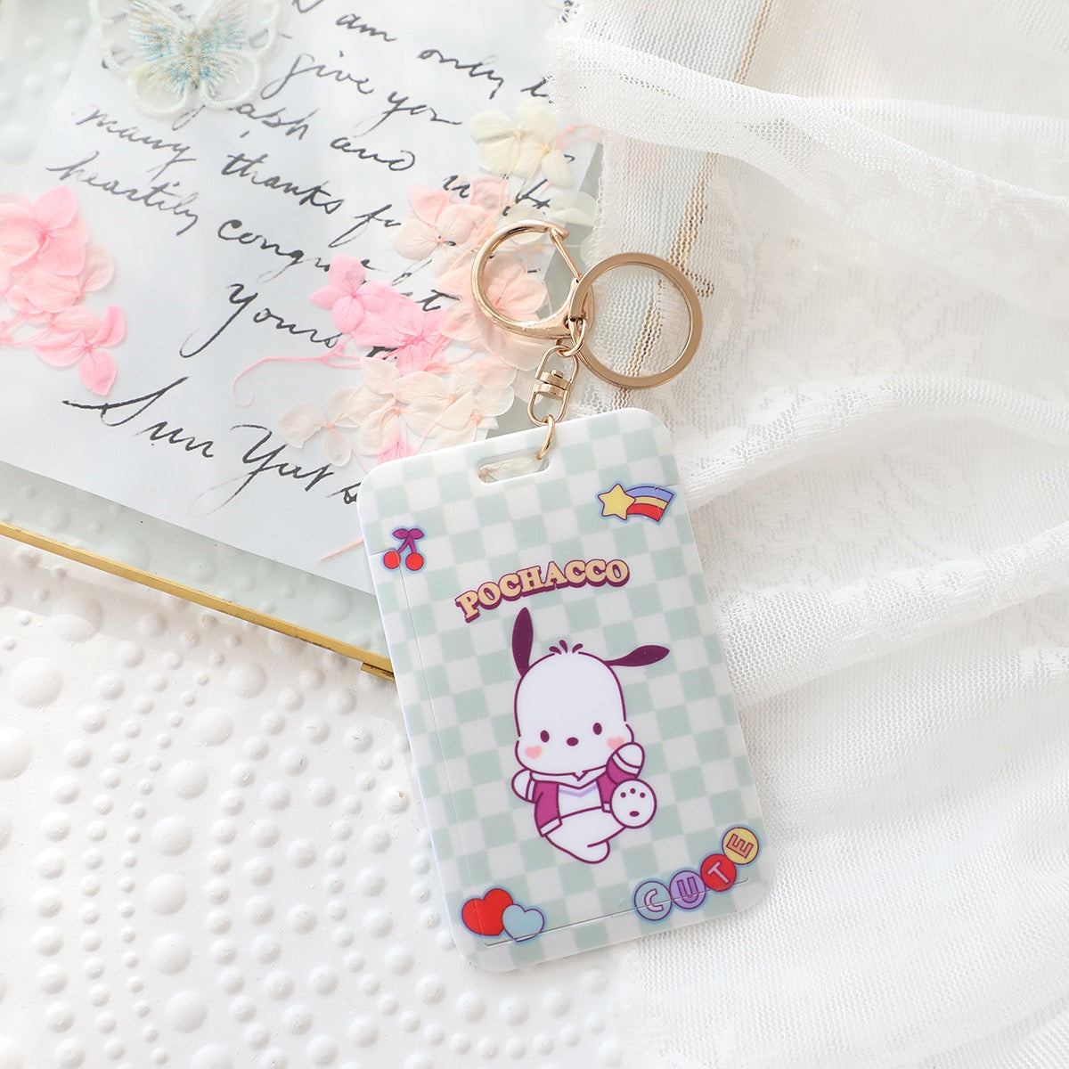 Sanrio Hello Kitty My Melody Kuromi Little Twin Stars Cinnamoroll Pompompurin Pochacco Card Badge Holder with Keychain KawaiiGiftLand