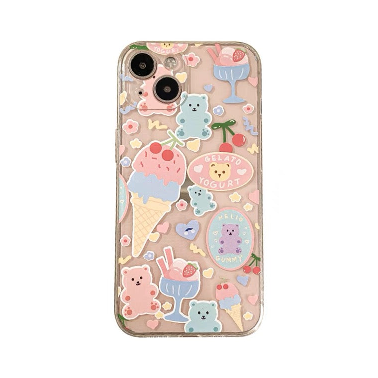 Teddy Bear with Sweets Stickers Japan Style iPhone case Kawaii Lovely Cute Lolita iPhone 6 7 8 PLUS SE2 XS XR X 11 12 13 14 15 Pro Promax 12mini 13mini KawaiiGiftLand