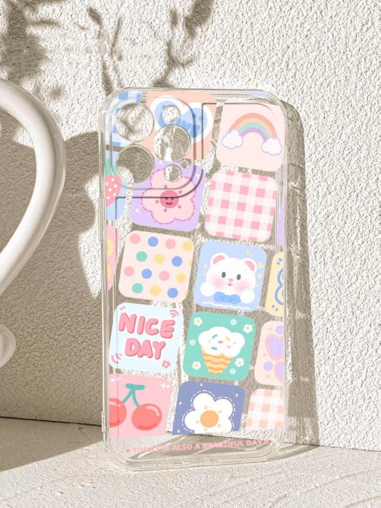 Bear with Rainbow Nice Day Stickers Japan Style iPhone case Kawaii Lovely Cute Lolita iPhone 6 7 8 PLUS SE2 XS XR X 11 12 13 14 15 Pro Promax 12mini 13mini KawaiiGiftLand