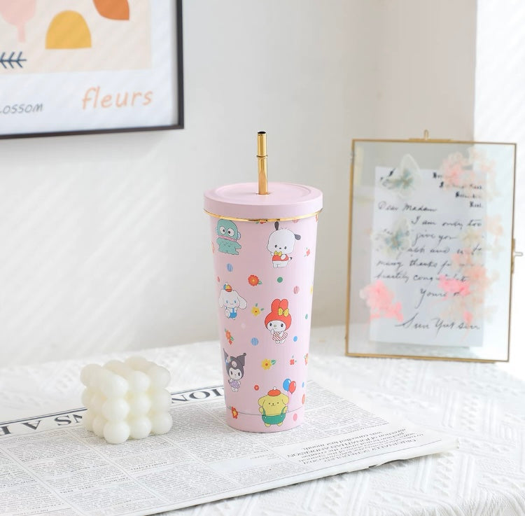 Sanrio Tumbler with Straw Warm Cool Lovely Cup Hello Kitty My Melody Little Twin Stars Kuromi Cinnamoroll Pompompurin Pochacco Keroppi Bad Badtz Maru - with cleaning tool KawaiiGiftLand