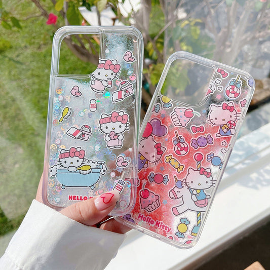 Japanese Cartoon KT Red Party Blue Bathing Glitter QuickSand iPhone Case 16 15 14 13 12 11 XS XR Pro Max Plus KawaiiGiftLand