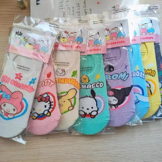 Sanrio Korea Low Cut Socks Heart Hello Kitty My Melody Kuromi Cinnamoroll Pompompurin Pochacco KeroKeroKeroppi Gudetama Anti-off Female Socks