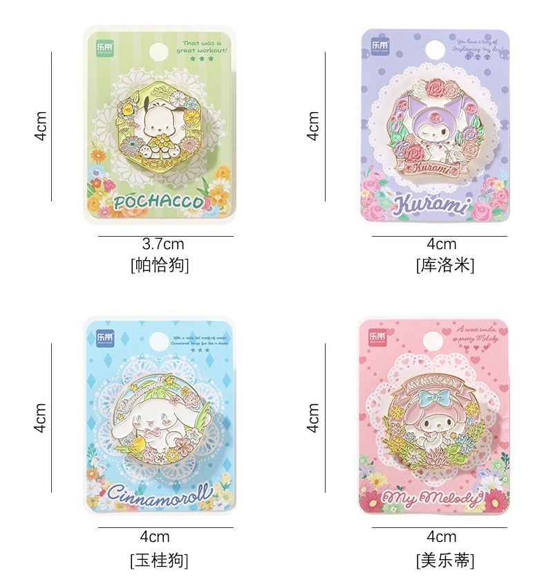 Sanrio Romantic Flower Metal Pins | My Melody Kuromi Cinnamoroll Pochacco KawaiiGiftLand