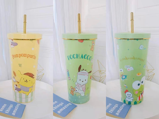 Sanrio Tumbler with Straw Warm Cool Lovely Cup Hello Kitty My Melody Kuromi Pompompurin Pochacco Keroppi - with cleaning tool KawaiiGiftLand