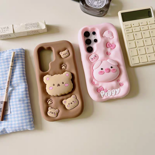 Cute Animal Silicone Phone Case | Lovely Bear & Pig Piggy with Phone Stand - Phone Case Samsung Galaxy S25 S24 S23 S22 Ultra