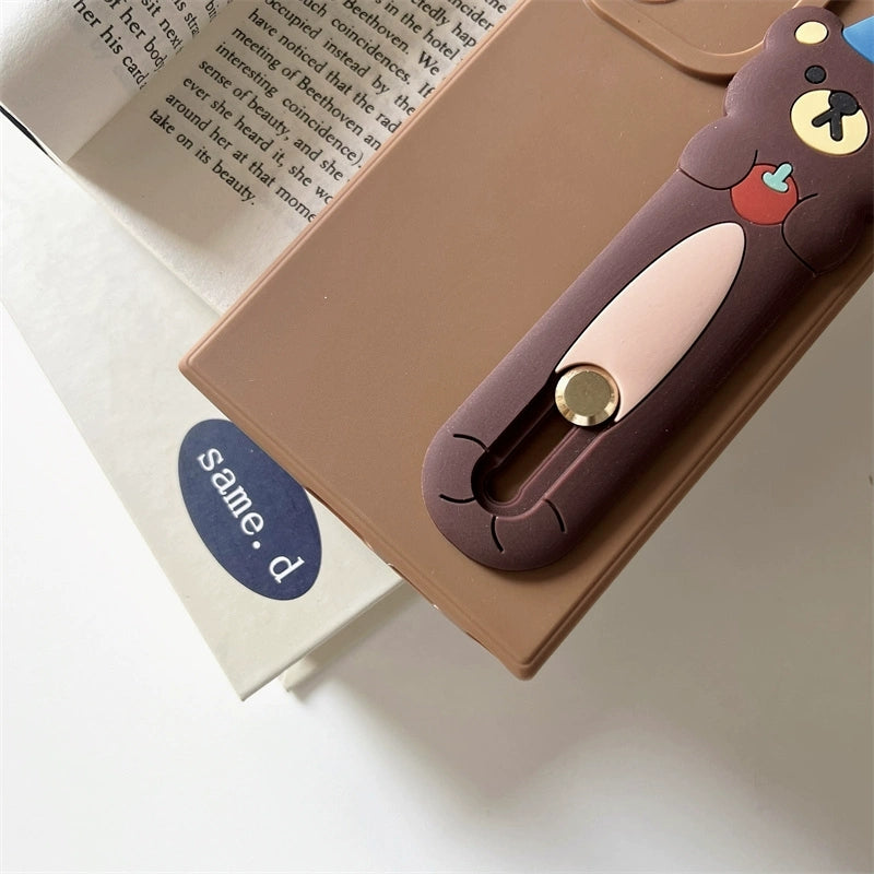 Cute Cartoon Silicone Phone Case with Phone Bar Handle and Stand | Bear with Apple - Phone Case Samsung Galaxy S24 S23 S22 Ultra KawaiiGiftLand