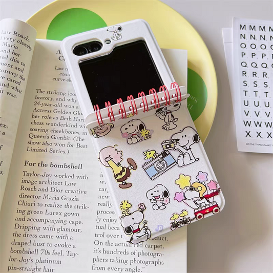 Cute Cartoon Notebook Style | White Dog with friends Charlie Sally Linus - Phone Case Samsung Galaxy Z Flip 3 4 5 6
