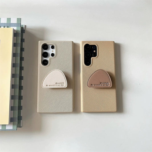 Korean Simple Style with Phone Stand Case | Leather Beige & Khaki - Phone Case Samsung Galaxy S24 S23 S22 Ultra KawaiiGiftLand