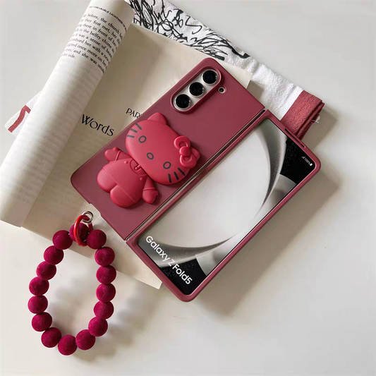 Japanese Cartoon | Vintage Style Wine Red Hello Kitty with Phone Stand & Mirror - Phone Case Samsung Galaxy Z Fold 3 4 5 KawaiiGiftLand