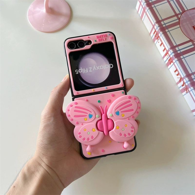 Korea Style Cute & Fashion Style with Phone Stand | Pink Buttferly - Phone Case Samsung Galaxy Z Flip 3 4 5 KawaiiGiftLand