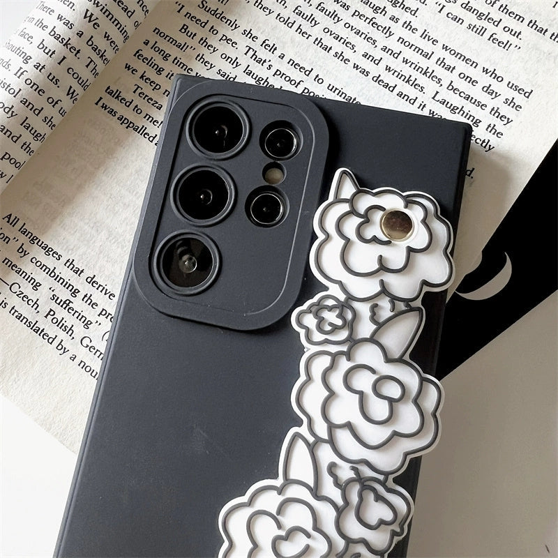 Vintage Style Silicone Phone Case with Phone Bar Handle and Stand | Camellia Black - Phone Case Samsung Galaxy S24 S23 S22 Ultra KawaiiGiftLand