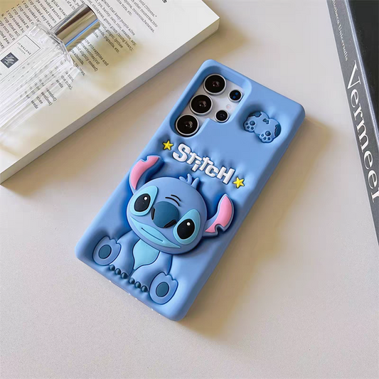 Cartoon Silicone Phone Case | Stitch with Phone Stand - Phone Case Samsung Galaxy S25 S24 S23 S22 S21 Plus Ultra