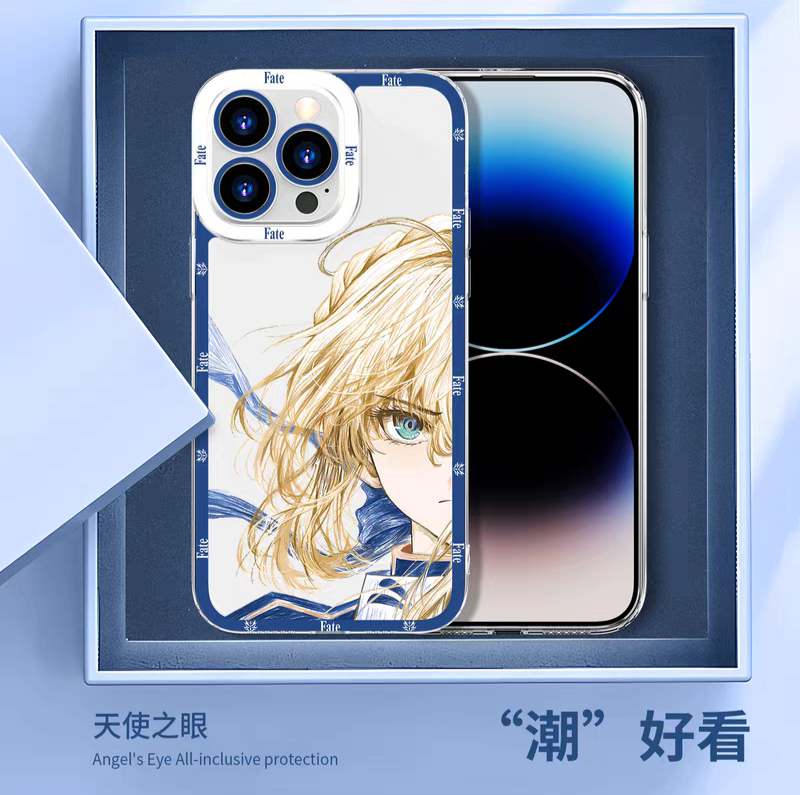 Japanese Anime Fate Stay Night Half Big Face Drawing Style | Artoria Pendragon Saber - iPhone Case 6 7 8 PLUS SE2 XS XR X 11 12 13 14 15 16 16e 17 Pro Promax 12mini 13mini