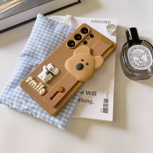 Cute Animal Silicone Phone Case with Phone Bar Handle and Stand | Quokka Green Brown - Phone Case Samsung Galaxy S25 S24 S23 S22 Ultra KawaiiGiftLand