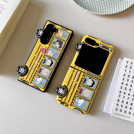 Cute Cartoon White Dog and Friends | Yellow School Bus - Phone Case Samsung Galaxy Z Flip Fold 3 4 5 6