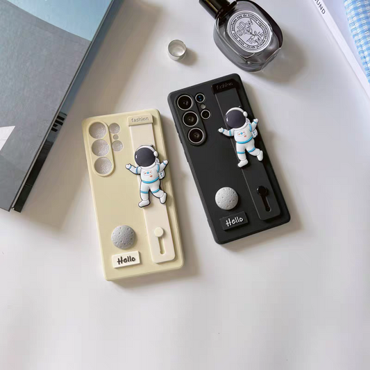 Cool Style Silicone Phone Case with Phone Bar Handle and Stand | Spaceman White & Black - Phone Case Samsung Galaxy S25 S24 S23 S22 Plus Ultra