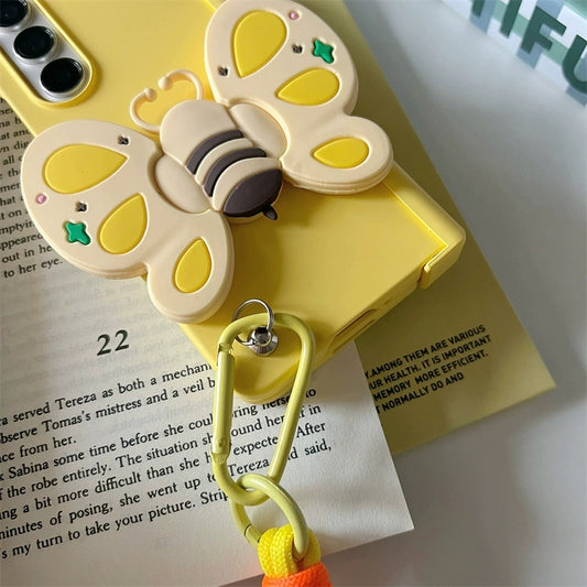 Korea Style Cute & Fashion Style with Phone Stand | Yellow Butterfly - Phone Case Samsung Galaxy Z Fold 3 4 5