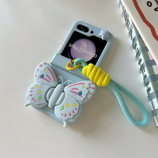 Korea Style Cute & Fashion Style with Phone Stand | Blue Buttferly - Phone Case Samsung Galaxy Z Flip 3 4 5