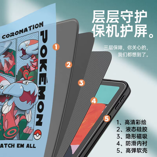 Japanese Cartoon Pokemon Protect Case World Coronation | Ash Ketchum Pikachu Lucario Sirfetchd Dracovish Dragonite Charizard Gengar - iPad Mini 4,5,6,7 / iPad Air / iPad Pro 2025 2024 2022 2021 2020 2018