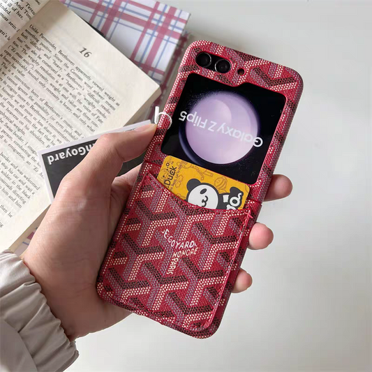 Korea Fashion Vintage Style with Card Holder | Pink Yellow White Blue Green Black Wine Red Beige Sky Blue - Phone Case Samsung Galaxy Z Flip 3 4 5 6 7