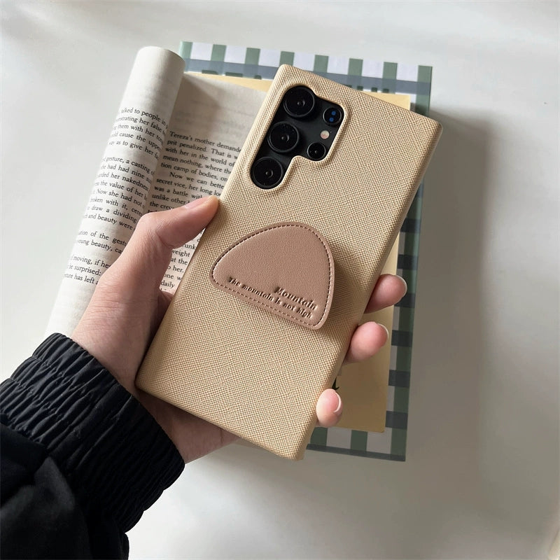 Korean Simple Style with Phone Stand Case | Leather Beige & Khaki - Phone Case Samsung Galaxy S24 S23 S22 Ultra KawaiiGiftLand