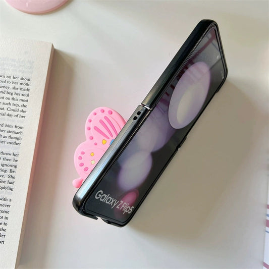 Korea Style Cute & Fashion Style with Phone Stand | Pink Buttferly - Phone Case Samsung Galaxy Z Flip 3 4 5 KawaiiGiftLand