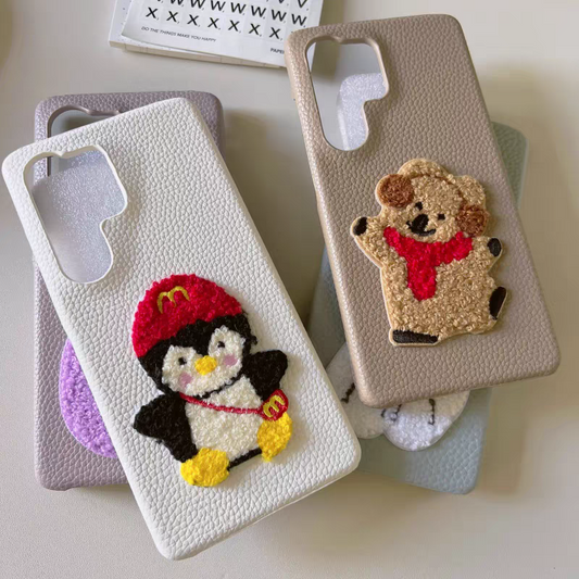 Korean Style | Lovely Embroidery Dog Eggplant Penguin Bear - Phone Case Samsung Galaxy S25 S24 S23 S22 Ultra